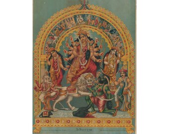 Durga Poster or Canvas, Hindu Goddess Wall Art, Vintage Indian Chromolithograph, Navratri Puja Decor, Mahishasura Mardini Spiritual Gift