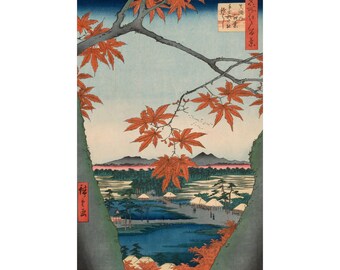 Hiroshige Maple Trees at Mama Poster, Japanese Woodblock Autumn Wall Art, Red Leaves Ukiyo-e Print, Vintage Fall Decor, Japandi Gift