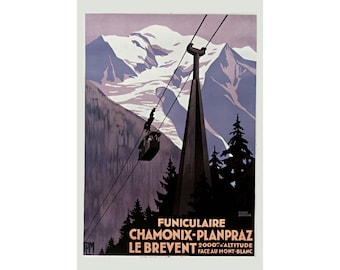 Mont Blanc Vintage Ski Poster or Canvas, Chamonix Le Brevent Cable Car Print, Roger Broders 1928 Art Deco Alps Wall Decor, Chalet Gift
