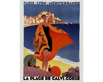 Calvi Corsica Vintage Travel Poster or Canvas, Roger Broders 1928 Art Deco Beach Print, French Mediterranean Wall Decor, Retro Summer Gift