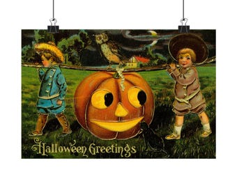 Vintage Halloween Greetings Print, Antique 1910 Postcard Art Poster, Jack O Lantern Kids Wall Decor, Retro Fall Nursery, Spooky Season Gift