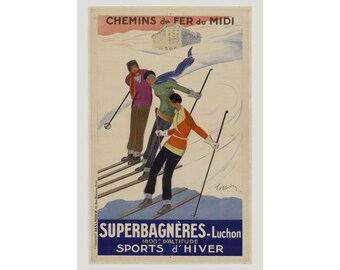 Vintage Ski Poster or Canvas, Superbagneres Pyrenees Winter Sports Print, Cappiello 1929 Art Deco Skiing Wall Decor, Mountain Lodge Gift