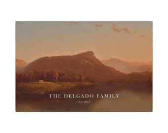 Personalized Family Name Canvas, Custom Surname Sign, Vintage Mountain Lake Landscape, Hudson River Painting, Housewarming Gift