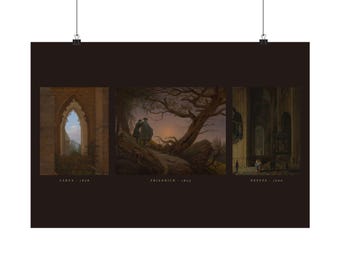 Gothic Wall Art Poster or Canvas, Dark Academia Moon Painting Triptych, Caspar David Friedrich Print, Gothmas Moody Decor, Set of 3