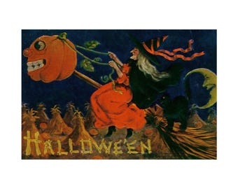 Vintage Halloween Witch Poster, Antique Broomstick Flying Art Print, Black Cat Moon Wall Decor, Large Spooky Statement Piece, 1910 Postcard