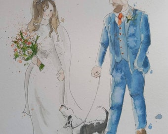 Custom People Portrait - personalised watercolour line painting, hand drawn and painted (anniversary, birthday, wedding, present idea)