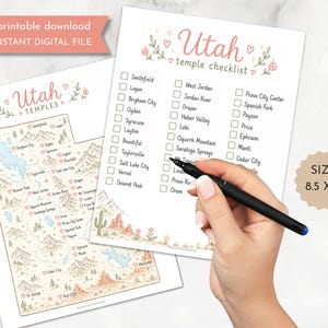 Può includere: Due fogli stampabili con un elenco di controllo dei templi dello Utah e una mappa. L'elenco include i nomi dei templi con caselle di controllo. La mappa mostra lo Utah con le posizioni dei templi contrassegnate. La dimensione è 21,6 x 27,9 cm.