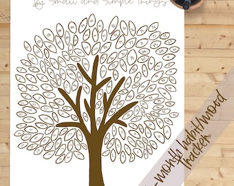 May include: A printable 6-month habit or mood tracker in the shape of a brown tree with 185 leaves numbered 1 to 185. The text "By Small and Simple Things" is at the top of the page and "6-month habit/mood tracker" is at the bottom of the page.