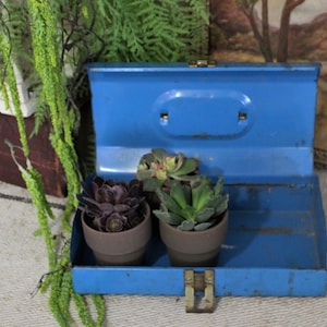 Vintage Turquoise Blue Metal Tool Box paint box / Rustic Farmhouse Planter Distressed Chippy Paint
