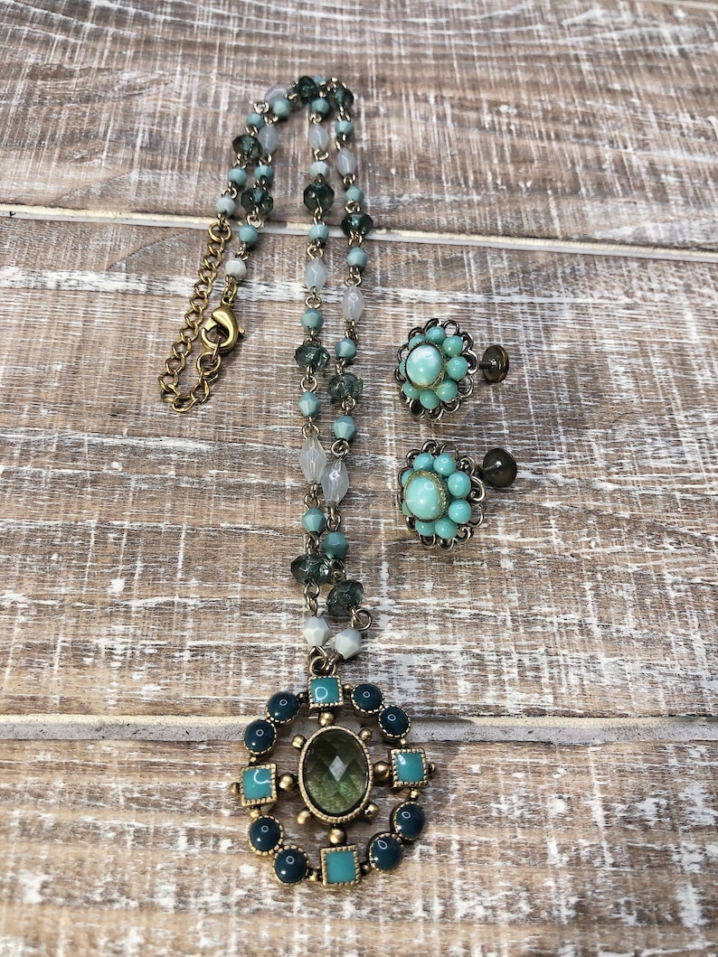 Mid-Century Gold ToneTeal Jewelry Set