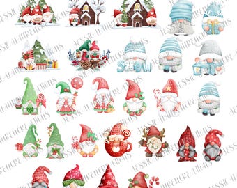 May include: A collection of Christmas-themed gnome illustrations in various poses and outfits. The gnomes are depicted with red, green, and blue hats and clothing, some holding gifts, candy canes, or ornaments. The image includes houses and winter scenes.