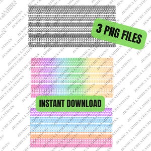 Puede incluir: Archivos de diseño digital con varios patrones de bordes decorativos en negro y un arcoíris de colores. La imagen incluye el texto "3 PNG FILES" y "INSTANT DOWNLOAD". Estos archivos son adecuados para proyectos de manualidades digitales.