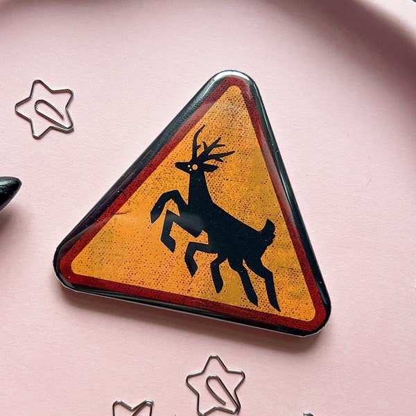 Cryptid Deer Warning Sign - Triangle Button | cryptid - scp badge - paranormal - mystery - hunt - monster animal - furry