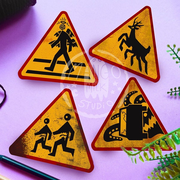 Cryptid Warning Signs Vinyl Stickers | cryptid - monster - accurate angel - monsters - scp - monster - monsters - mystery