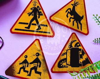 Cryptid Warning Signs Vinyl Stickers | cryptid - monster - accurate angel - monsters - scp - monster - monsters - mystery