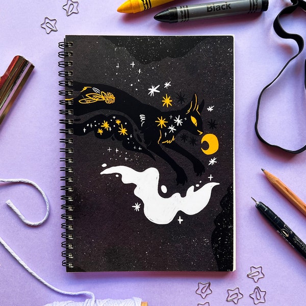 Black Cat and Night Sky - Mixed Media Sketchbook - A5 Blank Notebook | journal - school - uni - bujo - witchy - night sky - witch