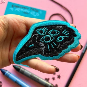 creepy raven embroidered patch | cryptid raven - bird - crow - embroidery - patch - fantasy - scp - cryptid - paranormal - mystery