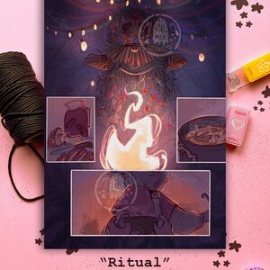 May include: A digital illustration of a ritual scene with a person in a forest setting. The person is holding a book and there is a fire in the center of the image. The text "Ritual" is at the bottom of the image.