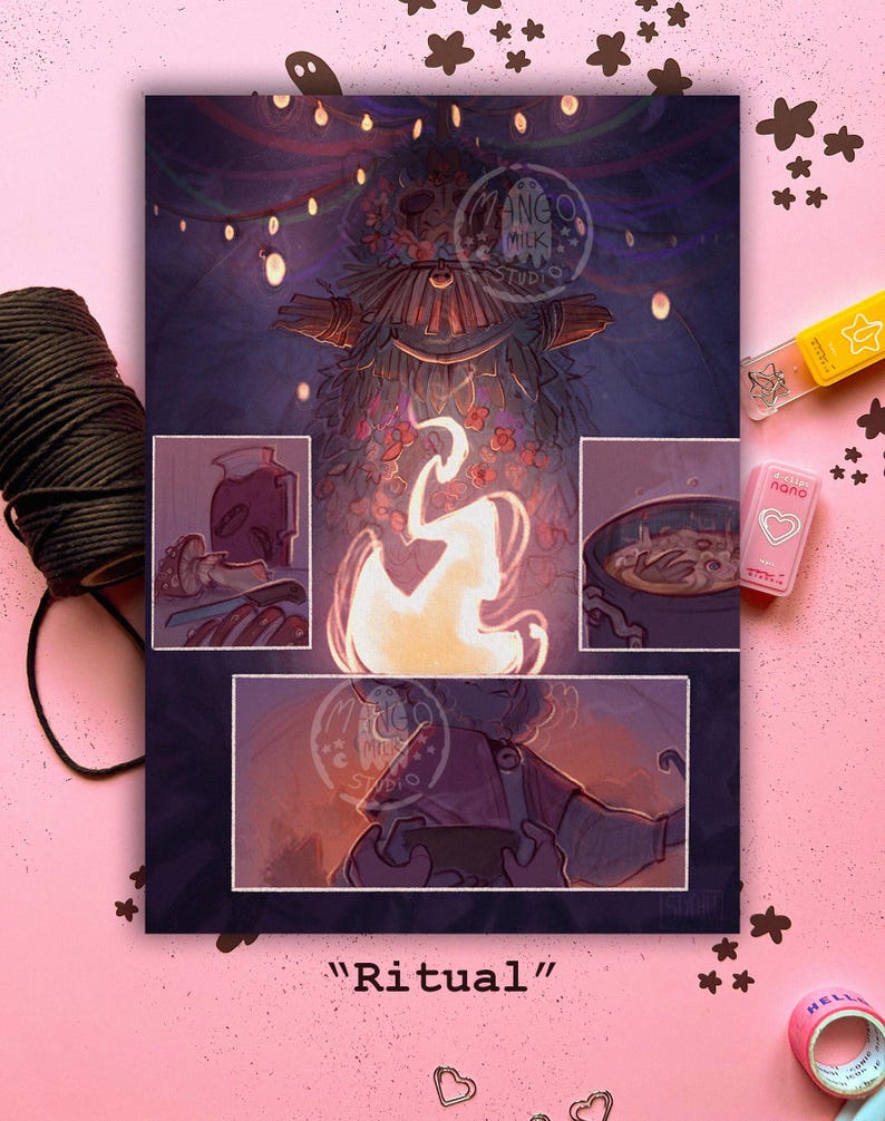 May include: A digital illustration of a ritual scene with a person in a forest setting. The person is holding a book and there is a fire in the center of the image. The text "Ritual" is at the bottom of the image.