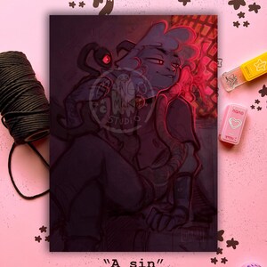 May include: A digital illustration of a purple-skinned character with red eyes and a red halo, holding a small, dark creature with red eyes. The background is a dark red and orange gradient. The text "A sin" is written below the image.