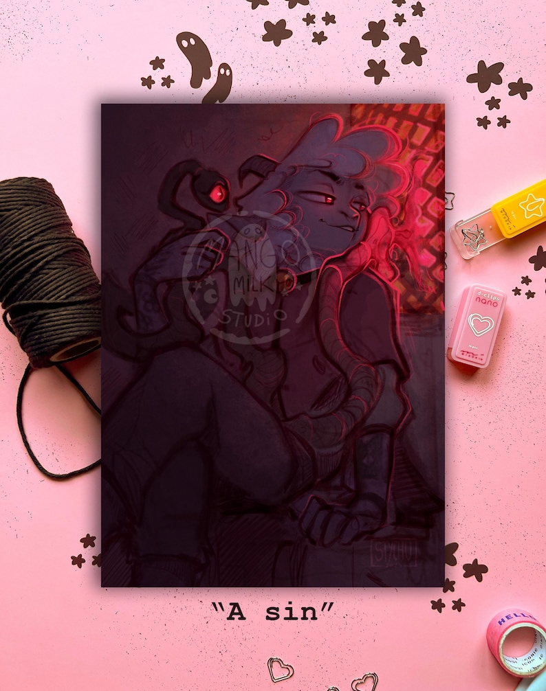 May include: A digital illustration of a purple-skinned character with red eyes and a red halo, holding a small, dark creature with red eyes. The background is a dark red and orange gradient. The text "A sin" is written below the image.