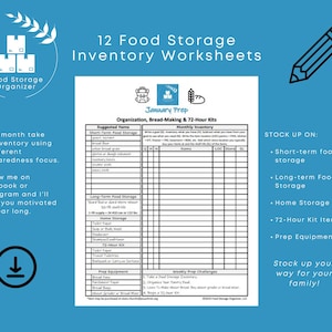 Puede incluir: Un fondo azul con texto y gráficos blancos. La imagen promociona 12 hojas de trabajo de inventario de almacenamiento de alimentos. El texto incluye "Food Storage Organizer", "January Prep" y "Stock up on: Short-term food storage".
