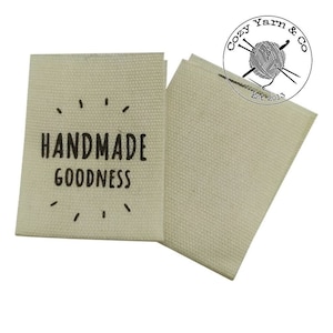 Fabric label Handmade Goodness Printed cotton tag x 25 for sewing knitting crochet projects