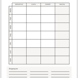 May include: A black and white printable meal planner with a grid for each day of the week, labeled with the days of the week and meal categories: breakfast, lunch, dinner, and snacks. There is a section at the bottom for a shopping list.