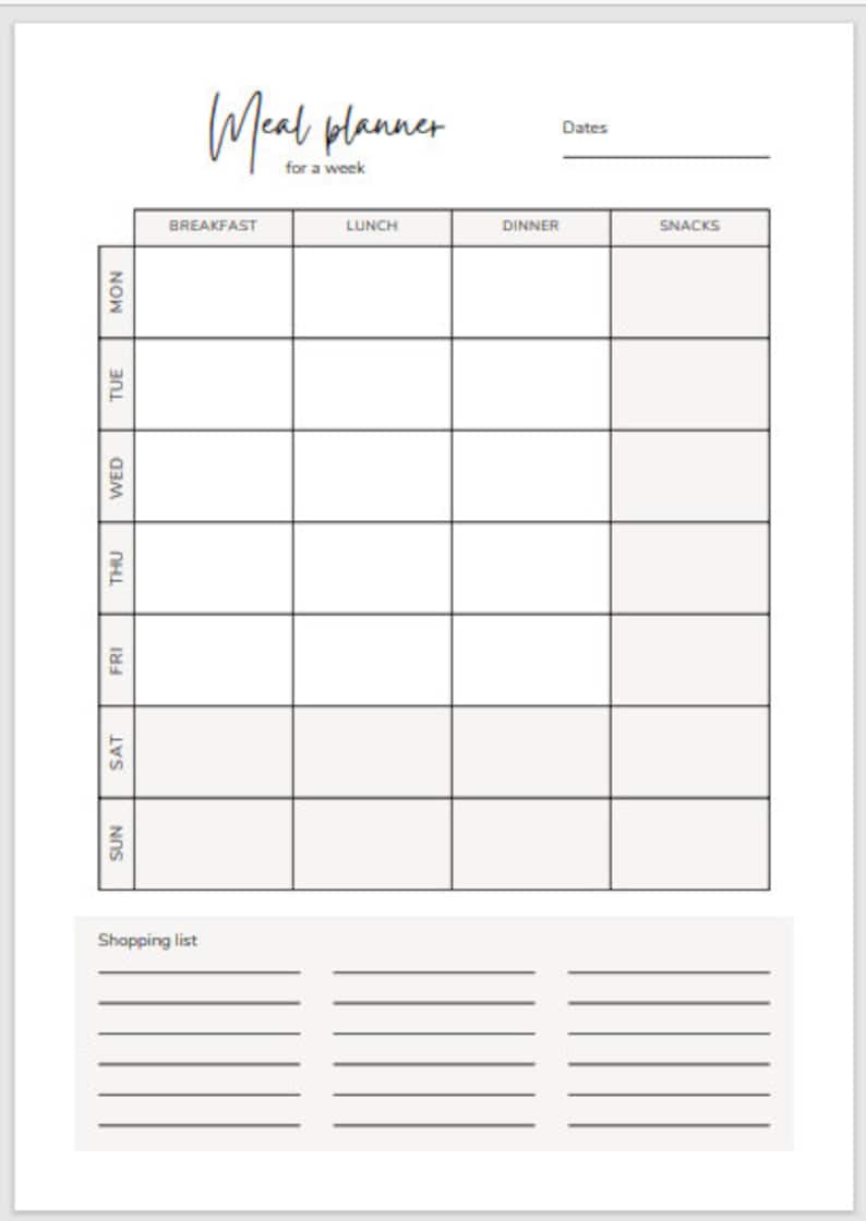 May include: A black and white printable meal planner with a grid for each day of the week, labeled with the days of the week and meal categories: breakfast, lunch, dinner, and snacks. There is a section at the bottom for a shopping list.