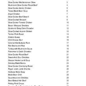 May include: A black and white table of contents for a slow cooker recipe book. The table of contents lists various recipes, including Mushroom Lentil Barley Stew, Hearty Pork N Beans, Slow Cooker Mediterranean Stew, and more. The page numbers for each recipe are listed on the right side of the page.