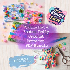 Bundel met haakpatroon pocketteddy, vioolmat en manchet | Digitale pdf direct downloaden | Dementie-activiteit | Angst Zintuiglijk comfort voor kinderen