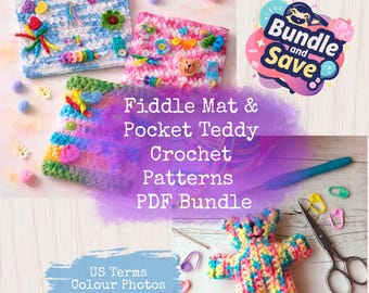 Pocket Teddy, Fiddle Mat & Cuff Crochet Pattern Bundle | Digital PDF Instant Download | Dementia Activity | Anxiety Sensory Child Comfort