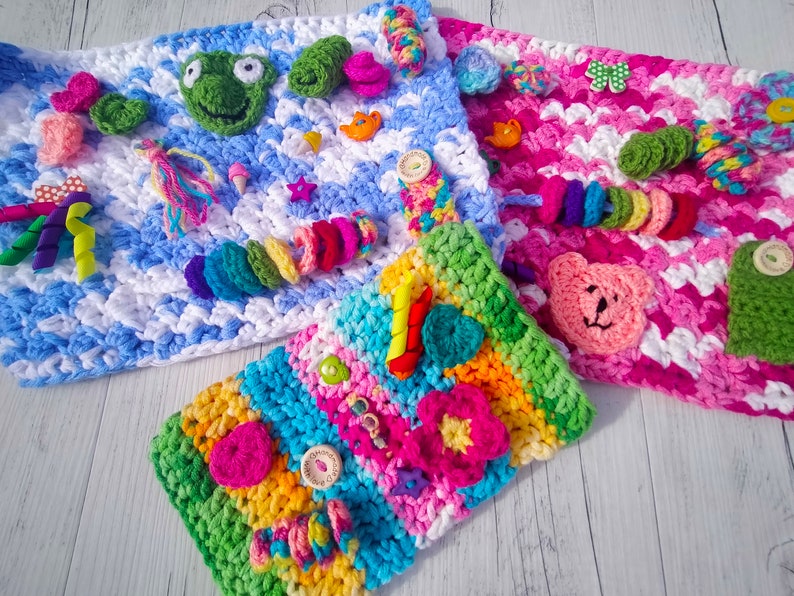 Sensory Fiddle Mat Twiddle Cuff Crochet Pattern Charity Project | Instant PDF Download Designed for Dementia Brain Injury Autism Tummy Time image 4