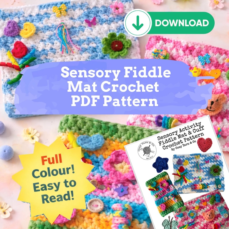 Sensory Fiddle Mat Twiddle Cuff Crochet Pattern Charity Project | Instant PDF Download Designed for Dementia Brain Injury Autism Tummy Time image 1
