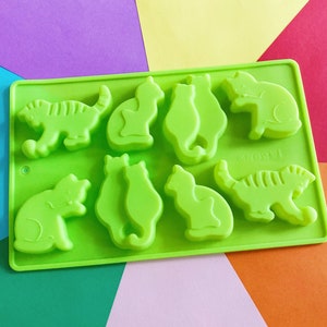 Op de afbeelding: Groene siliconen mal met negen kattenvormige holtes. De mal ligt op een veelkleurige achtergrond.