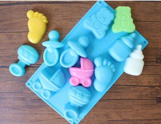 Joyeee 1Pcs Baby Shower Theme Silicone Mold, Little Feet Bear Baby Carriages Baby Pacifier Fondant Mold for Sugarcraft, Cupcake, Ice Cube, Pastry