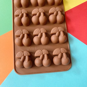 May include: Brown silicone mold with 18 individual cavities shaped like cherries. Each cavity has a detailed cherry design with a stem and leaves.