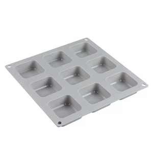 May include: A gray silicone baking mold with nine square cavities. The mold is designed for making small cakes, pastries, or other treats.