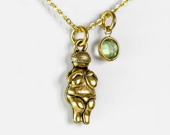 Venus of Willendorf  Necklace, Gold Boho Goddess Mother Earth necklace, Woman Personalized Initial birthstone charm,    jewelry