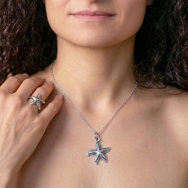 Silver Starfish Necklace, Nautical Beach Jewelry, Sea Lover Gift, Personalized Option