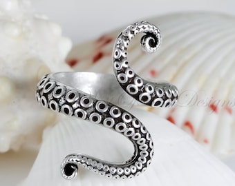 Anillo de pulpo, calamar, tentáculo de plata, ajustable, animal marino, joyería de sirena