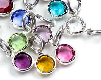 Adicione um pingente de pedra de nascimento Swarovski®, pingentes de cristal de 6 mm, moldura banhada a prata, pedras de nascimento pendentes.