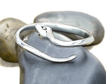 Sterling Silver Snake Ring, Adjustable Serpent Band, Gothic Jewelry