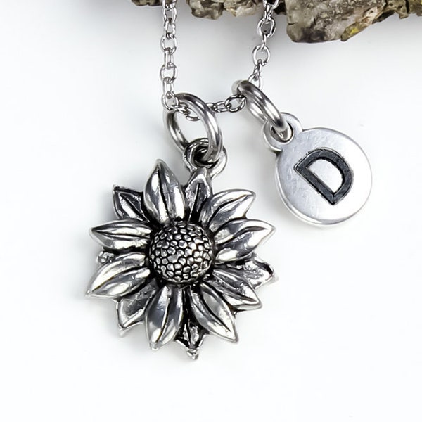 Sunflower necklace, Silver Flower Necklace, Personalized jewelry initial charm necklace, Monogram, daisy Charm, jewelry gift for her