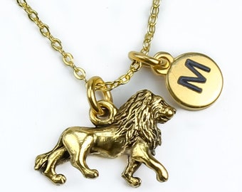 Gold Lion Necklace, Antique Gold Lion Charm Necklace, Personalized initial Monogram, King of Beasts, Leo, Boho jewelry gift, for man woman