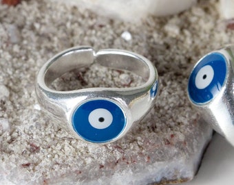 Blue Evil Eye protection Ring, Silver Bohemian Ring, Boho Chic Jewelry, Stacking pinky Knuckle Rings,  gifts, gift for her