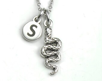 Silver Snake Necklace, Serpent Pendant, personalized necklace Charm, Initial Monogram, Animal charms, boho  jewelry gift