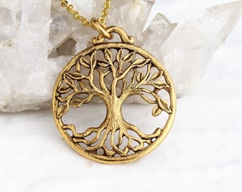 Gold Tree of Life Necklace, Large Boho Layering Family Tree of Life Pendant, Personalized Monogram option Initial,    jewelry for her