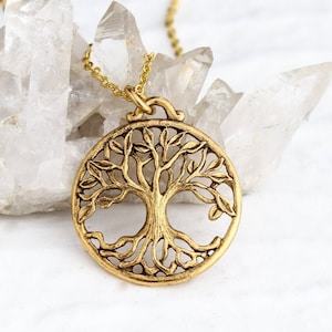 Gold Tree of Life Necklace, Large Boho Layering Family Tree of Life Pendant, Personalized Monogram option Initial,    jewelry for her