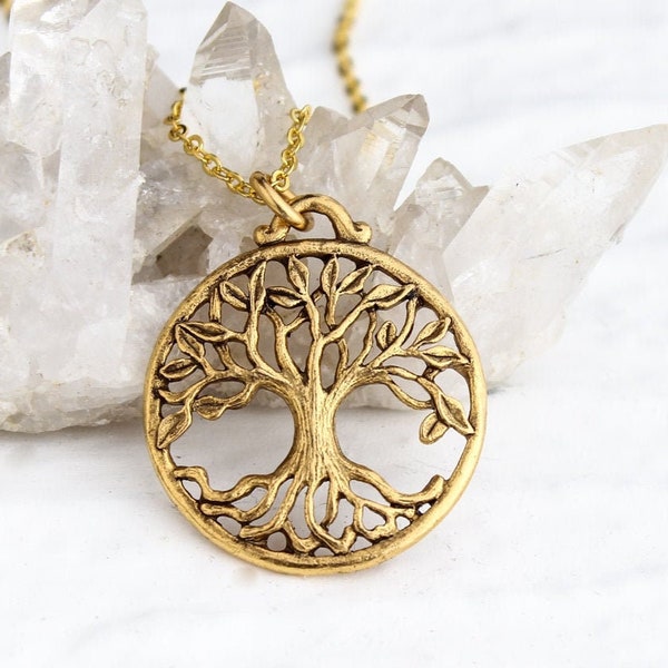 Gold Tree of Life Necklace, Large Boho Layering Family Tree of Life Pendant, Personalized Monogram option Initial,    jewelry for her